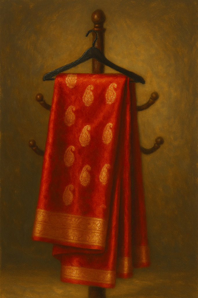 Red saree with golden butti and golden border on hanger