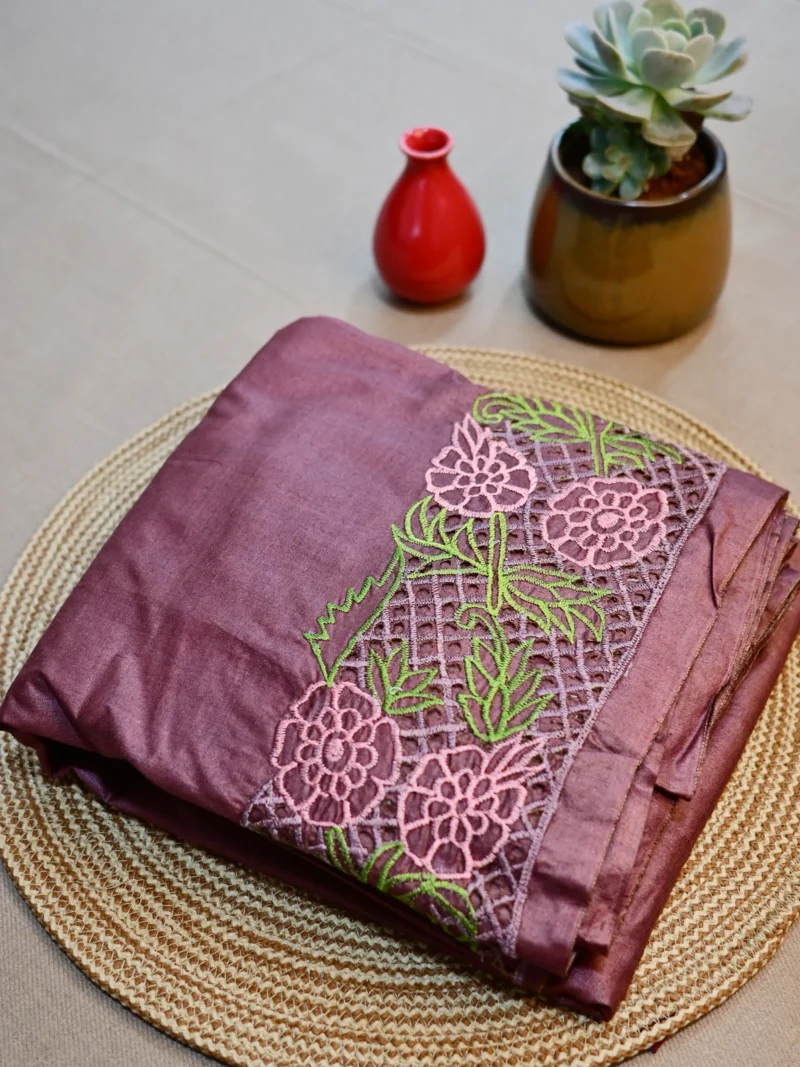 Chocolate brown pure silk Tusssar saree with cutwork embroidery