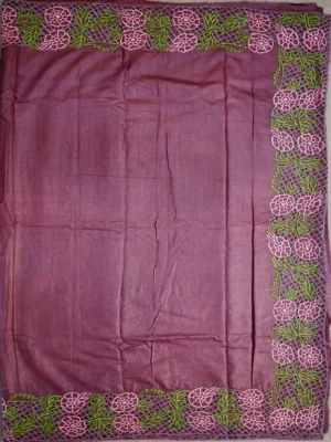 Pallu of chocolate brown tussar silk saree with cutwork embridery