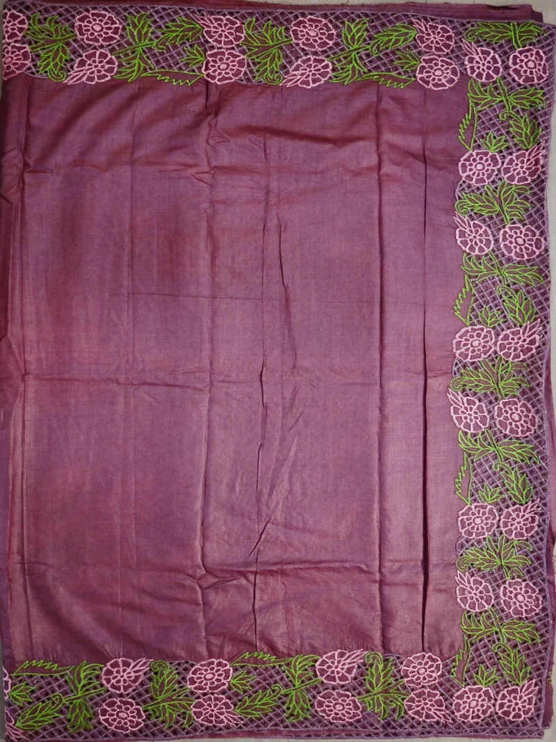 Pallu of chocolate brown tussar silk saree with cutwork embridery
