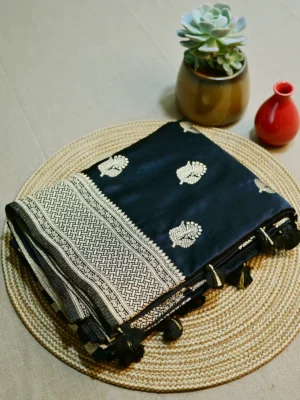 Black satin silk saree with golden border and butti