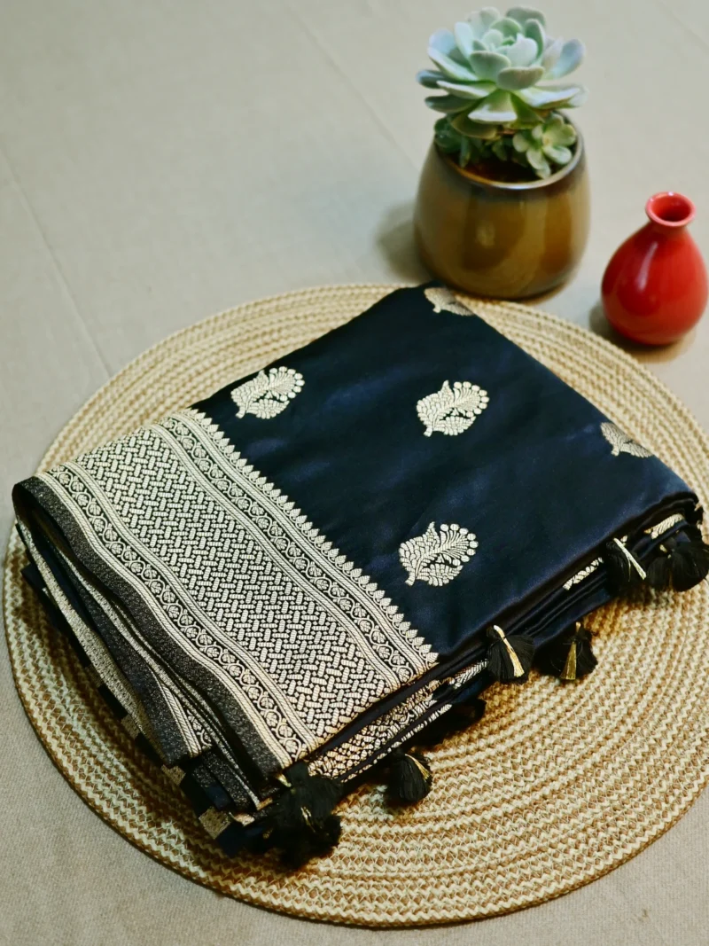 Black satin silk saree with golden border and butti