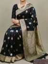 Mannequin wearing black satin silk saree