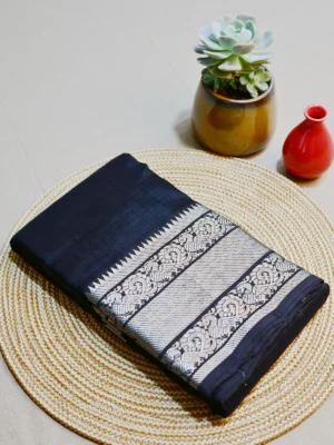 Black silk cotton saree with silver kanchi border