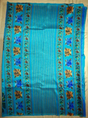 Pallu of blue printed Kashiri silk saree
