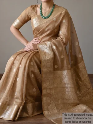Mannequin wearing golden brown banarasi pure silk saree