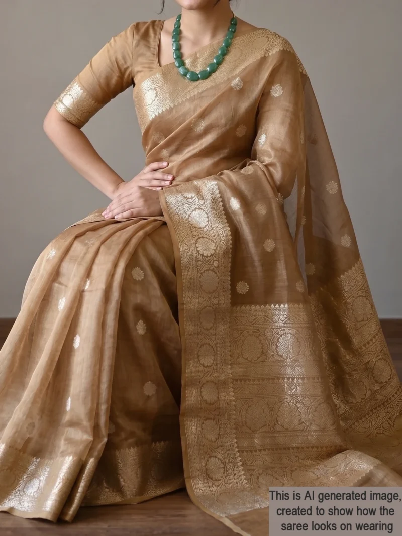 Mannequin wearing golden brown banarasi pure silk saree