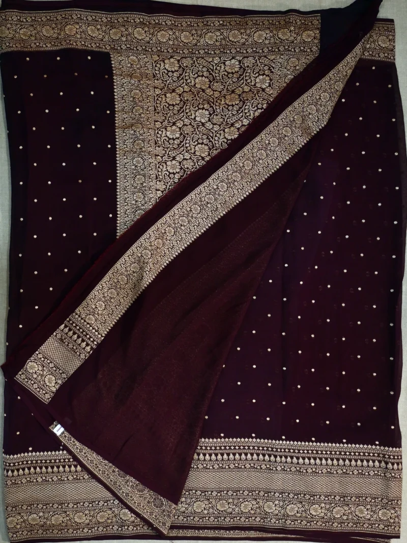 Blouse of coffee brown pure khaddi georgette saree.