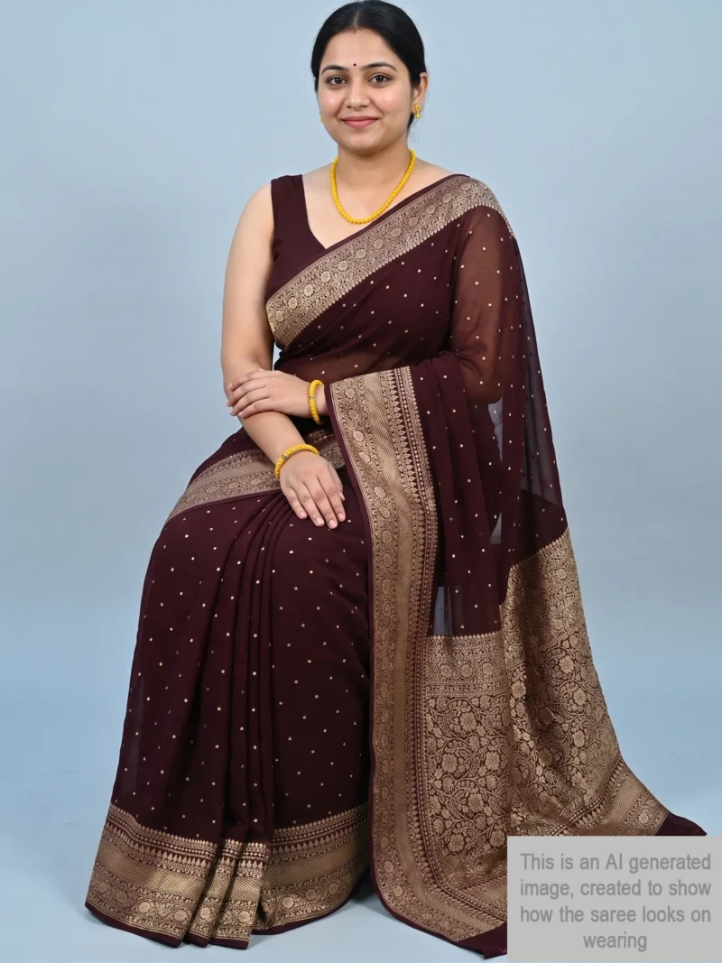 Mannequin wearing coffee-brown khaddi georgette saree
