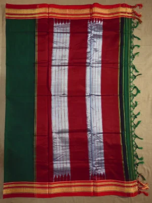 Pallu of green cotton Irkal saree with red border
