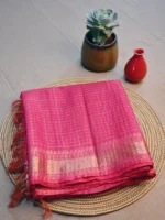 dark pink silk cotton saree with golden checks