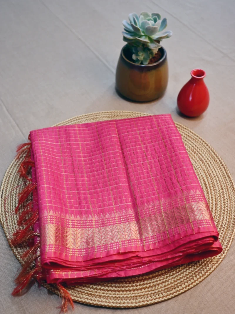 dark pink silk cotton saree with golden checks