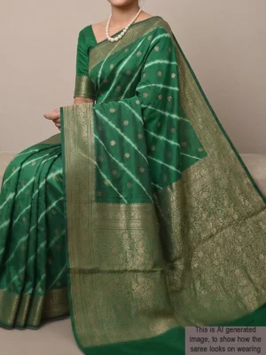 Mannequin wearing green pure Chiniya silk saree