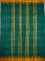 Pallu of green cotton saree with yellow border and checks