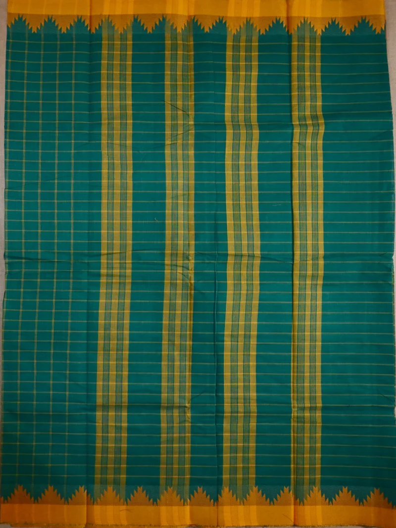 Pallu of green cotton saree with yellow border and checks