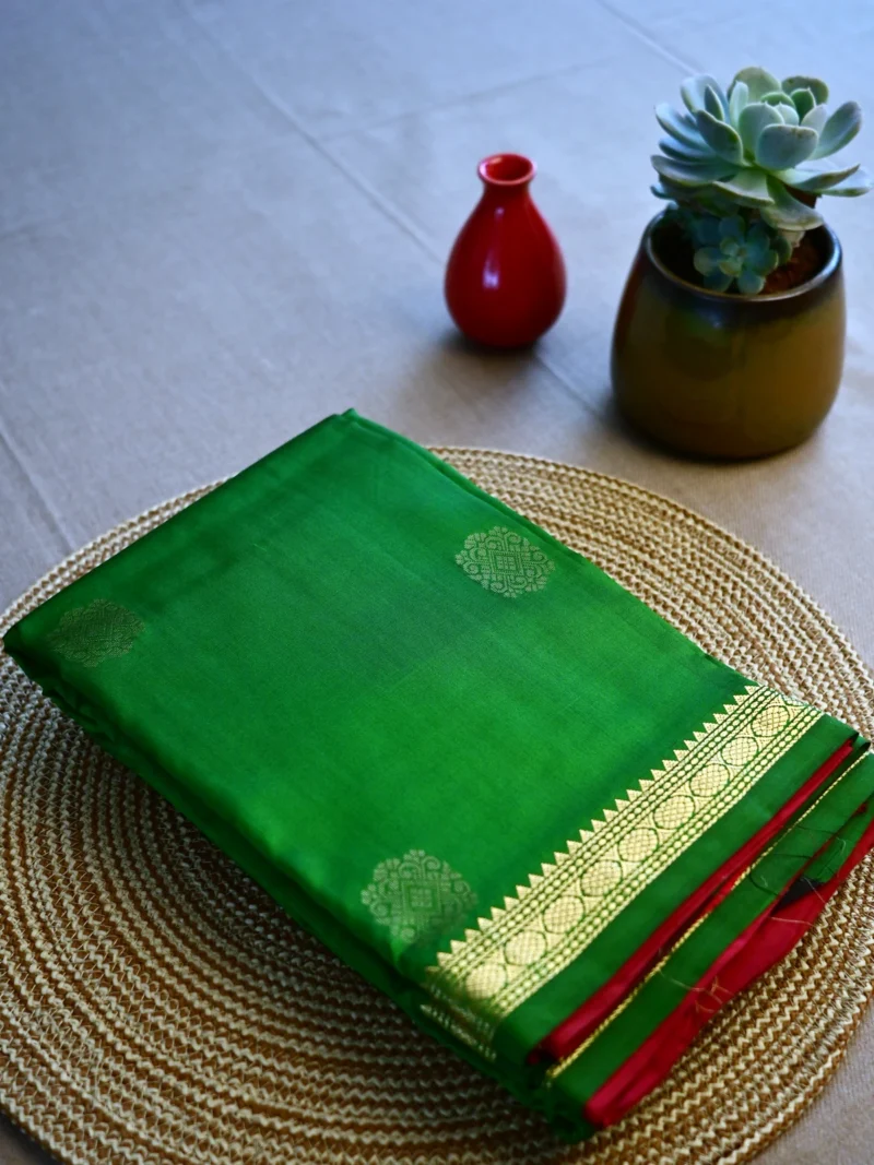Green Mysore crepe silk saree with small golden border