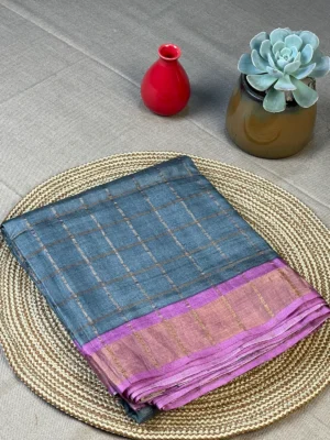 Grey pure Tussar silk saree with golden checks
