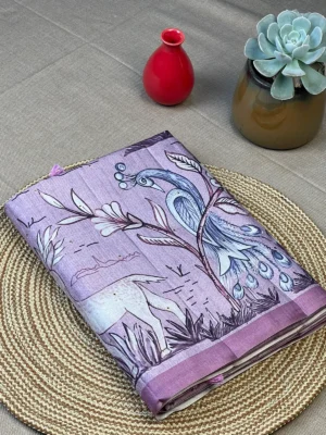 Lavender art silk saree with Kalamkari design along the border and on pallu