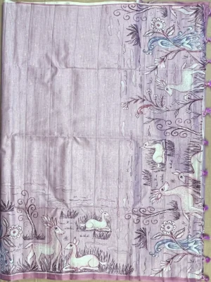 Pallu of lavender Kalamkari art silk saree