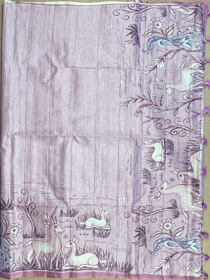 Pallu of lavender Kalamkari art silk saree