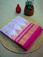 Lavender pure silk Irkal saree with golden butti and pink border