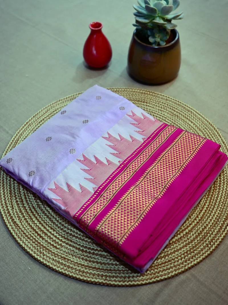 Lavender pure silk Irkal saree with golden butti and pink border