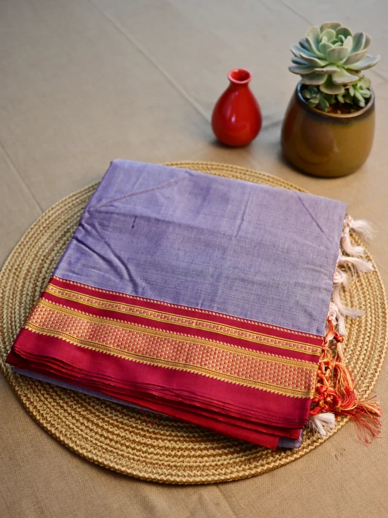 Lavender cotton Irkal saree with red border