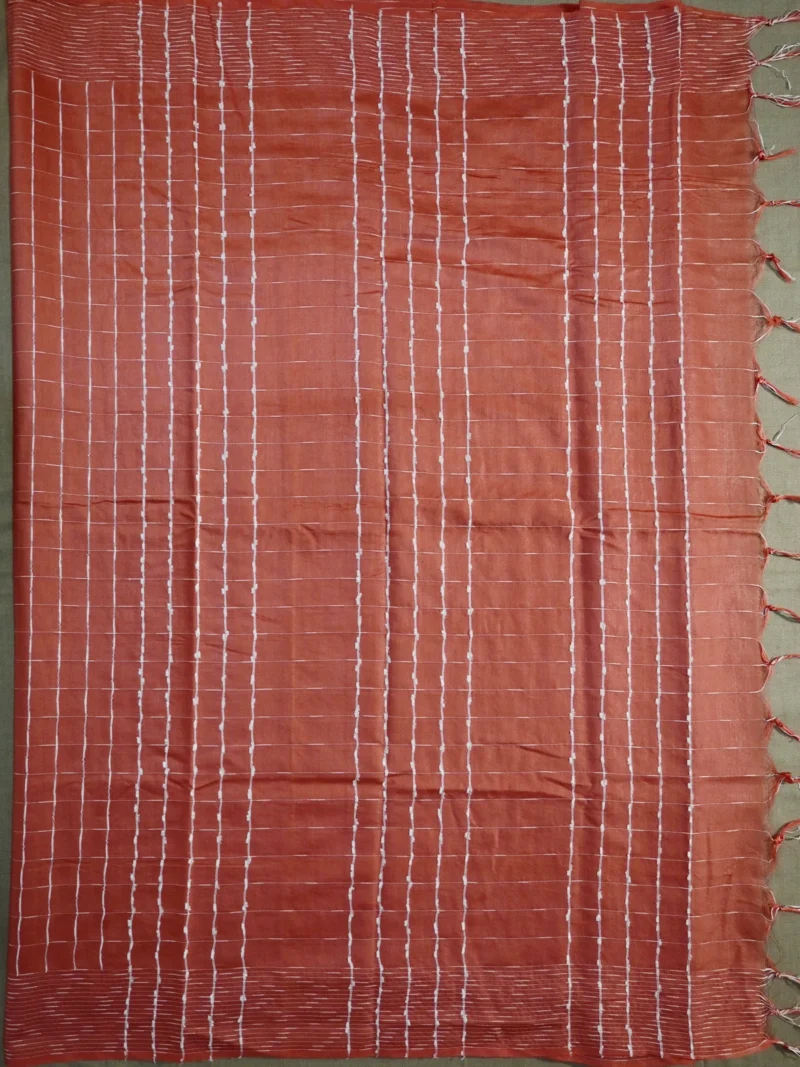 Pallu of light brown silk cotton saree with Pintex checks
