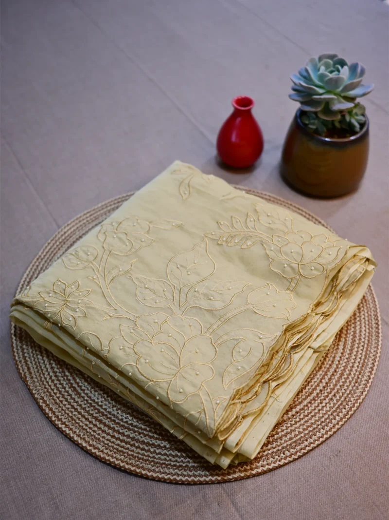 Light yellow soft Organza with embroidery and pearls.