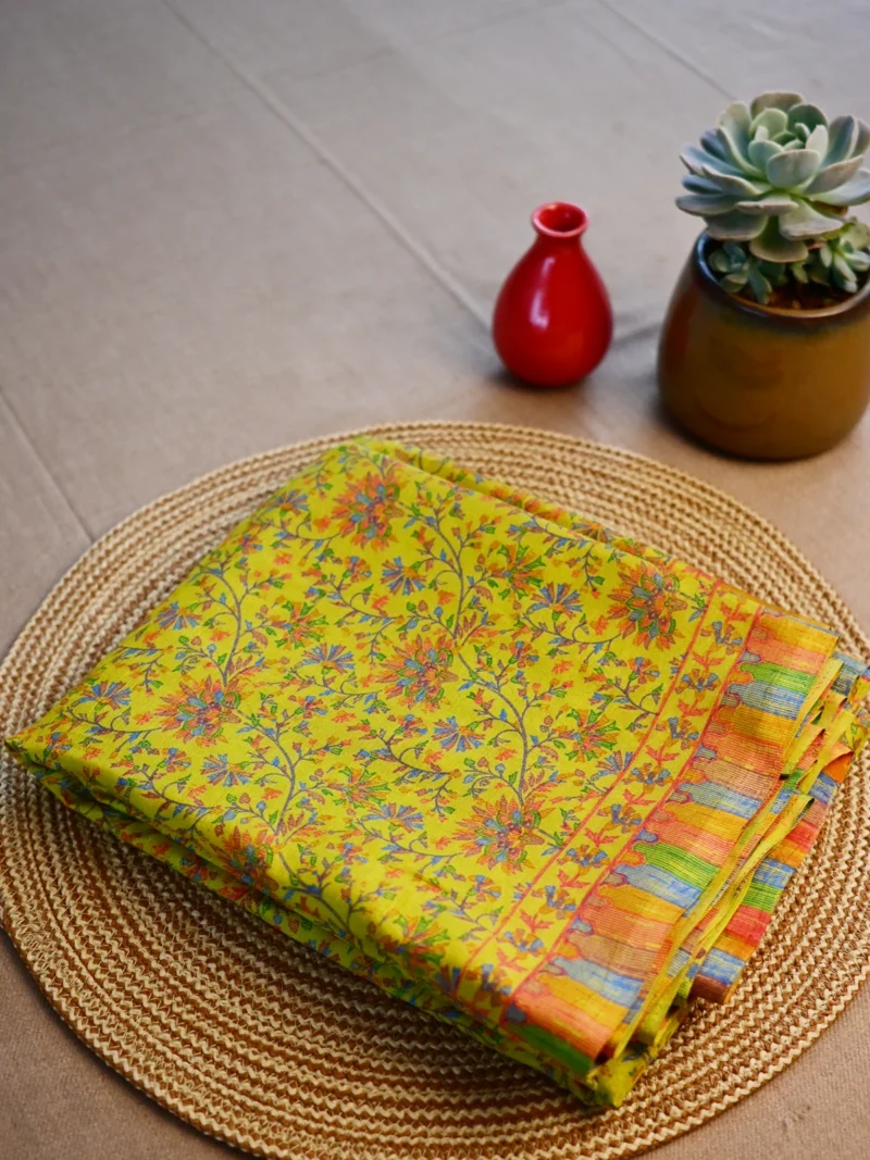 Lime green printed Kashmiri silk saree
