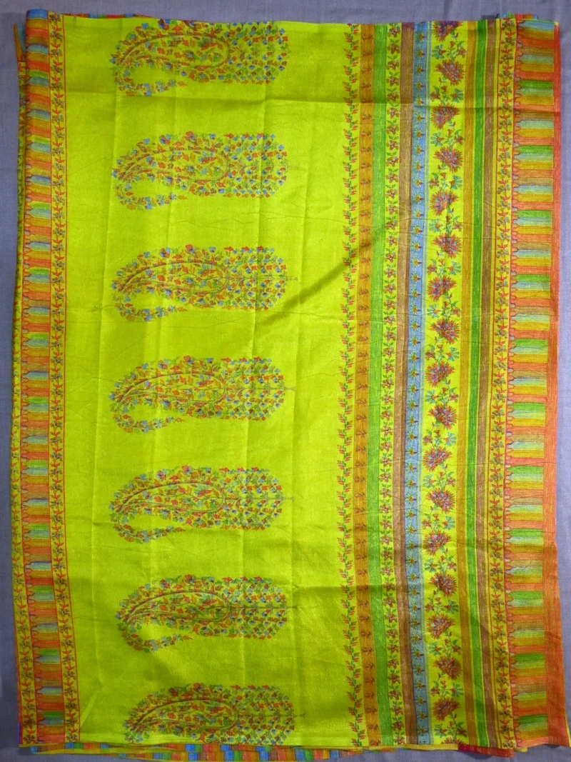 Pallu of lime green printed Kashmiri silk saree