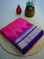 Magenta pure silk Irkal saree with dark blue border
