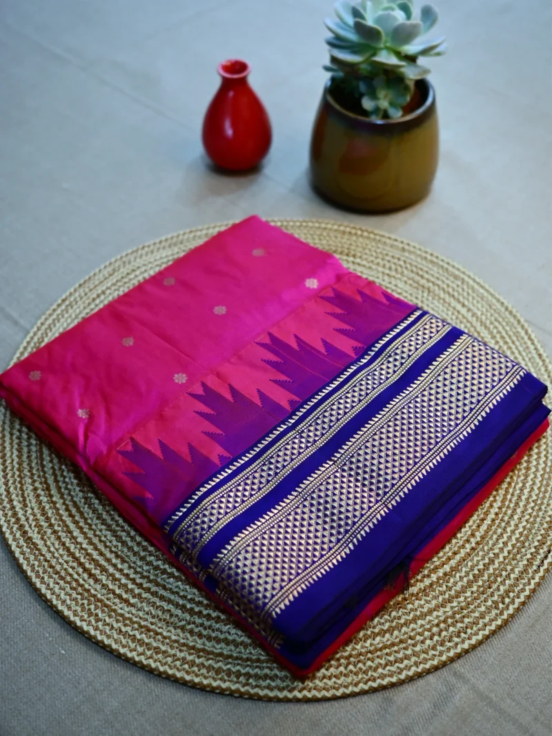 Magenta pure silk Irkal saree with dark blue border