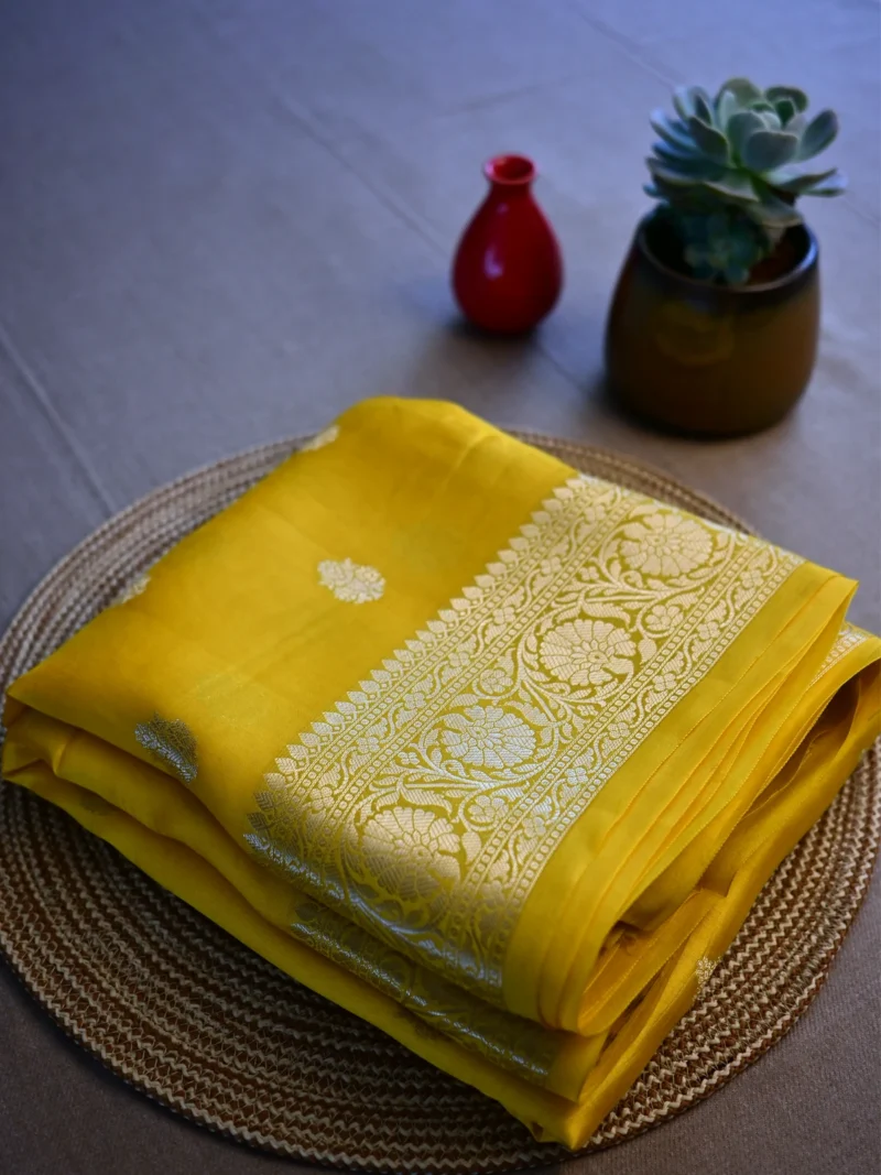 Mango yellow pure silk Banarasi saree