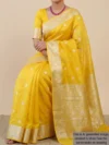 Mannequin wearing mango yellow pure silk banarasi saree
