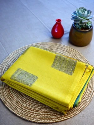 Mustard yellow printed Kashmiri silk saree