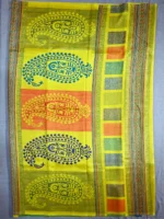 Pallu of mustard yellow printed Kashmiri silk saree