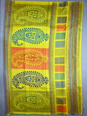 Pallu of mustard yellow printed Kashmiri silk saree