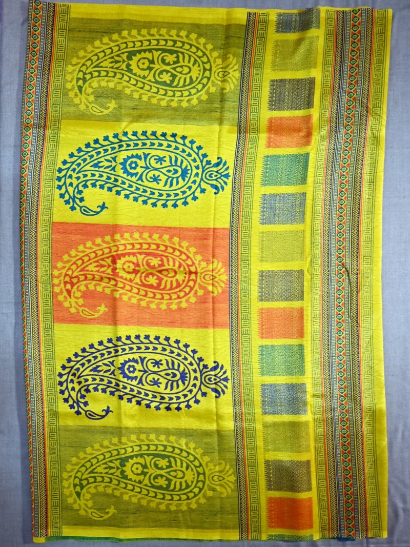 Pallu of mustard yellow printed Kashmiri silk saree
