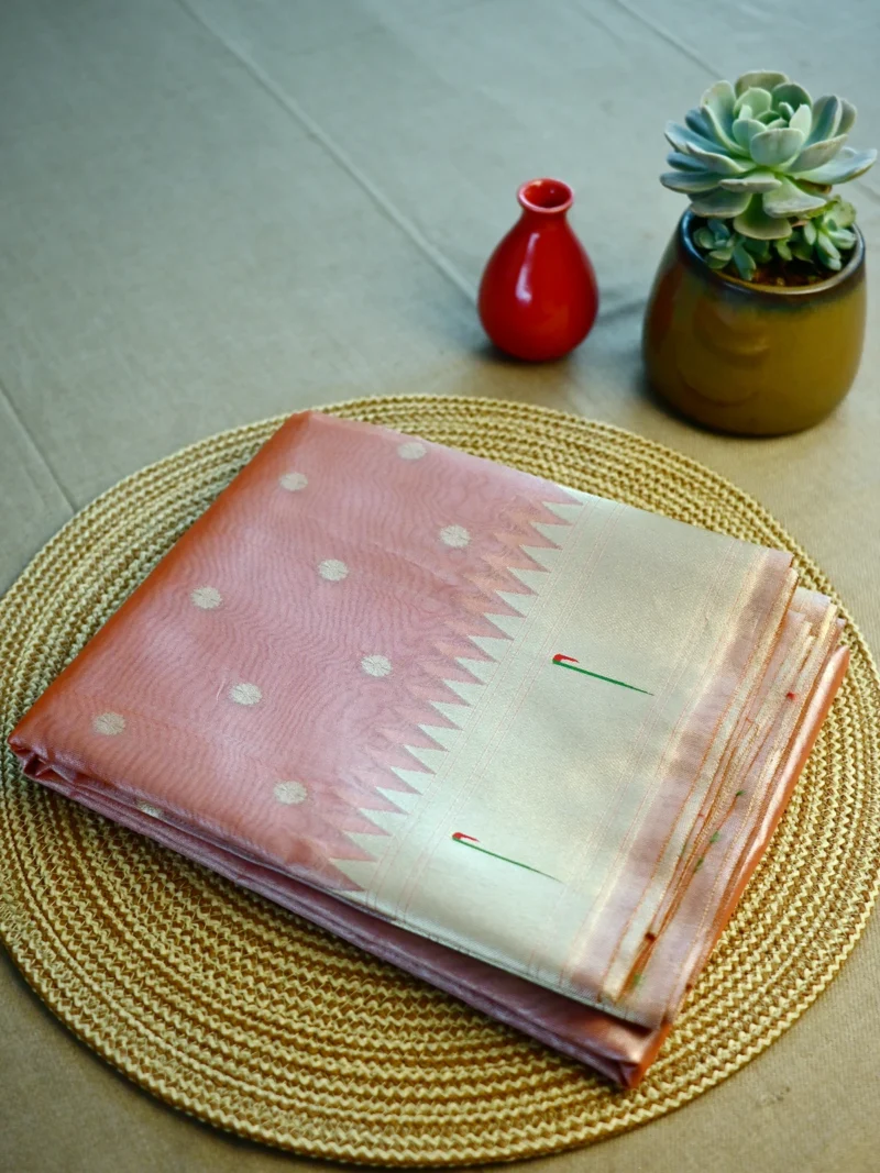 Orange tissue paithani saree with golden butti and border