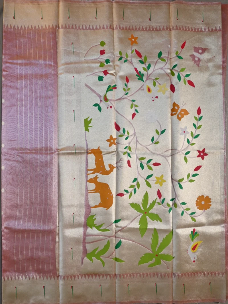 Pallu of orange tissue paithani saree