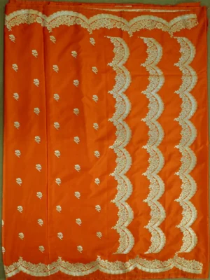 Pallu of orange Mashru silk saree with golden border