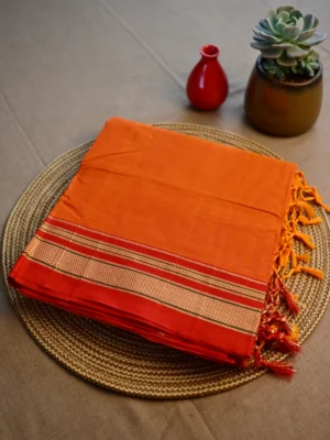 Orange cotton Irkal saree with red border