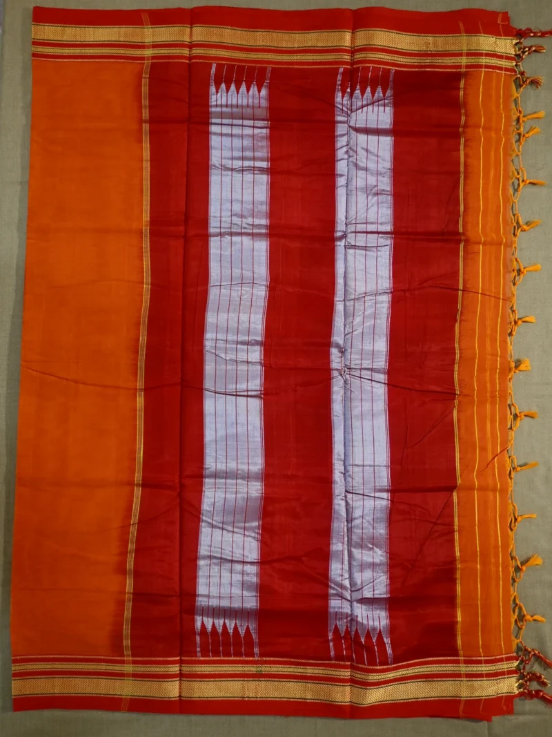 Pallu of orange cotton Irkal saree with red border