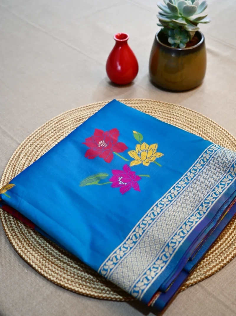 Peacock blue semi Katan saree
