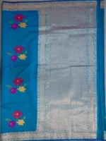 Pallu of peacock blue semi Katan saree