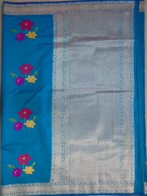 Pallu of peacock blue semi Katan saree