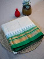 Pearl colour pure silk irkal saree with golden lines and green border