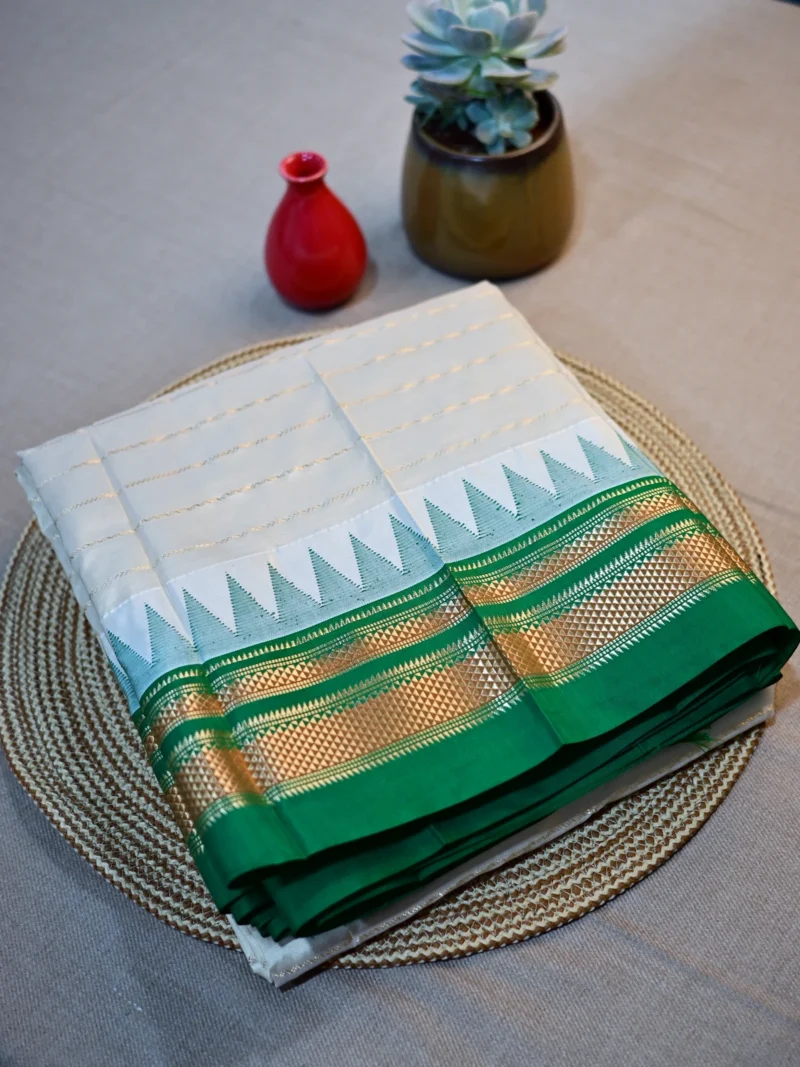 Pearl colour pure silk irkal saree with golden lines and green border