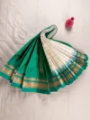 Pearl colour pure silk Irkal saree with golden decorative lines and green pallu